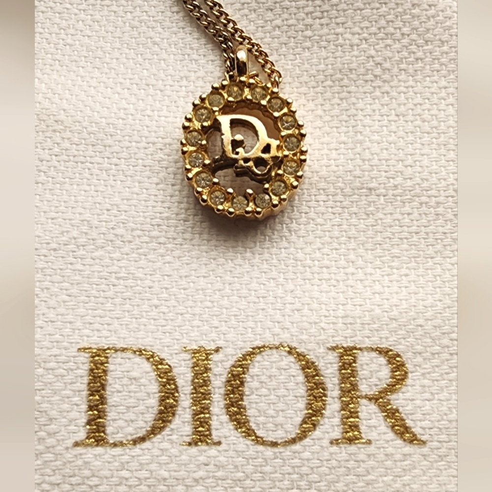 Vintage Christian Dior Crystal Gold Heart Necklace with Dust Bag